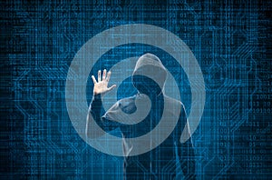 Wanted Hacker is Coding Virus Ransomware Using Abstract Binary Code. Cyberattack, System Breaking and Malware Concept.