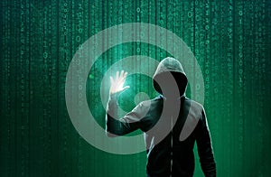 Wanted Hacker is Coding Virus Ransomware Using Abstract Binary Code. Cyberattack, System Breaking and Malware Concept.