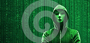 Wanted Hacker is Coding Virus Ransomware Using Abstract Binary Code. Cyberattack, System Breaking and Malware Concept.
