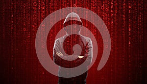 Wanted Hacker is Coding Virus Ransomware Using Abstract Binary Code. Cyberattack, System Breaking and Malware Concept.