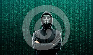 Wanted Hacker is Coding Virus Ransomware Using Abstract Binary Code. Cyberattack, System Breaking and Malware Concept.