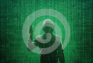 Wanted Hacker is Coding Virus Ransomware Using Abstract Binary Code. Cyberattack, System Breaking and Malware Concept.