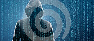 Wanted Hacker is Coding Virus Ransomware Using Abstract Binary Code. Cyberattack, System Breaking and Malware Concept.