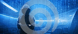 Wanted Hacker is Coding Virus Ransomware Using Abstract Binary Code. Cyberattack, System Breaking and Malware Concept.