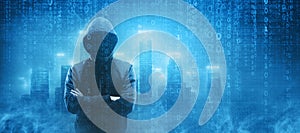 Wanted Hacker is Coding Virus Ransomware Using Abstract Binary Code. Cyberattack, System Breaking and Malware Concept.