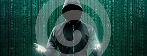Wanted Hacker is Coding Virus Ransomware Using Abstract Binary Code. Cyberattack, System Breaking and Malware Concept.