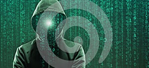 Wanted Hacker is Coding Virus Ransomware Using Abstract Binary Code. Cyberattack, System Breaking and Malware Concept.