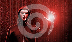 Wanted Hacker is Coding Virus Ransomware Using Abstract Binary Code. Cyberattack, System Breaking and Malware Concept.