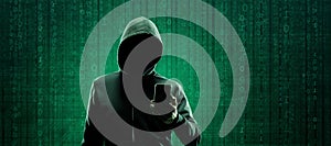 Wanted Hacker is Coding Virus Ransomware Using Abstract Binary Code. Cyberattack, System Breaking and Malware Concept.