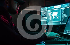 Wanted hackers coding virus ransomware using laptops and computers in the basement. Cyber attack, system breaking and