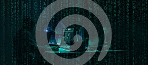 Wanted hackers coding virus ransomware using laptops and computers. Cyber attack, system breaking and malware concept.