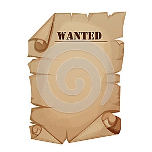 Wanted parchment paper banner, poster template wild west reward flyer isolated on white background. Aged frame, rustic