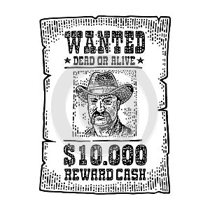 Wanted poster with man in hat. Vintage engraving