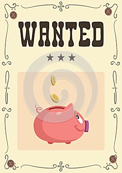 Wanted Poster of a Piggy Bank Vector Cartoon Illustration