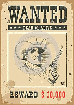 Wanted poster.Vector western illustration with bandit man in mask and gun