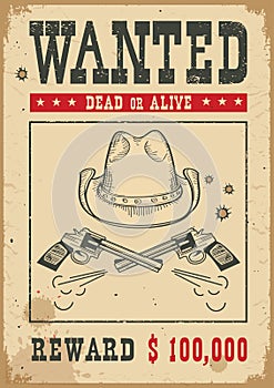 Wanted poster.Vector western illustration with guns and cowboy hat