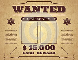 Wanted poster. Vintage western poster with empty place for crime photos, wild west criminal search banner with sheriff