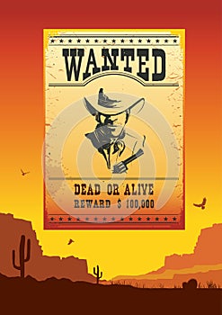 Wanted poster on Wild west american desert landscape