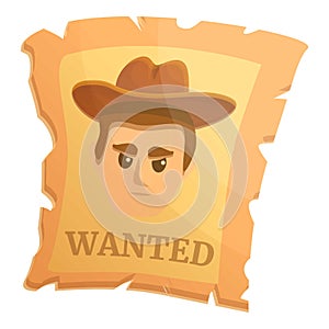 Wanted western paper icon, cartoon style