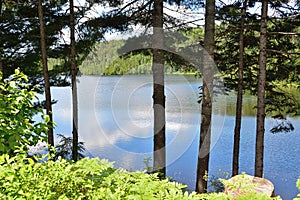 Wapizagonke lake on a sunny day. Fresk water lake behind tree line.