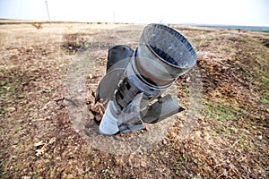 War actions aftermath, Ukraine and Donbass conflict, rocket engine multiple launch rocket system `Smerch` photo