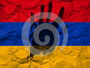 War in Armenia, concept of protest against the war, Stop the war and save lives, flag of Armenia and the symbol of the hand to