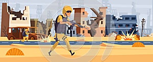 War background. Soldiers with machine guns, explosions in city. Military action, aggression and destruction vector