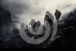 War Concept. Military silhouettes fighting scene on war fog sky background, A battalion of World War II American soldiers hiking