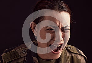 War, crying and military woman with ptsd, trauma and anxiety, screaming or shouting. Mental health, depression and face