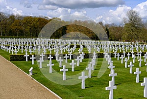 War dead gravestones seen in a well maintained American cemetery.