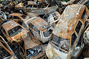 War-destroyed cars in Irpin, Bucha district, Ukraine