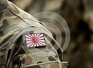 War flag of the Imperial Japanese Army 1870Ã¢â¬â1945 on military uniform. Rising Sun Flag. Army, soldiers, history. Collage