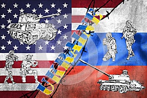 War games between Russia and USA over Ukraine on grunge flags illustration