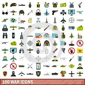 100 war icons set, flat style