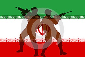 War in Iran, flag of Iran with the shadow of soldiers, War between Iran and Israel, Iran Israel in world war crisis concept