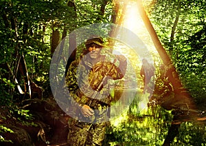 War, jungle and man in army, military and nature with gun or weapon, conflict and warrior outdoor. Survival, mission and