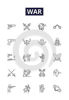War line vector icons and signs. strife, combat, battle, aggression, hostility, discord, confrontation, struggle outline photo