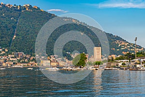 War memorial and Tempio Voltiano on shore of lake Como in Italy