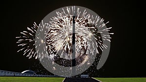 War memorial in Victory Park on Poklonnaya Hill and fireworks, Moscow, Russia.