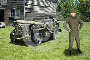 War, Military Army Officer and Retro Jeep Vehicle