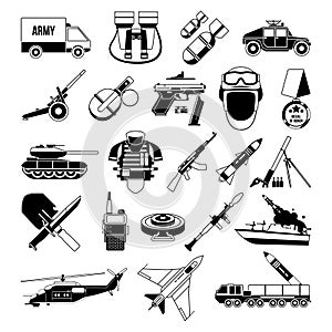 War monochrome icons set. Silhouette of military pictures. Battleship, soldiers, trucks, and different weapons