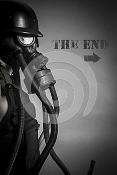 War, nuclear disaster, man with gas mask, protection