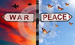 War or peace choice on a signpost with arrows in two opposite directions. Red dramatic sunset sky with flying jets against calm bl