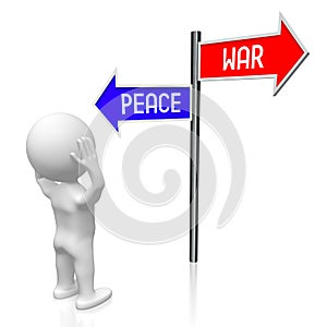 War or peace - signpost with two arrows, cartoon character