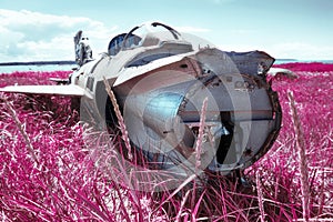 war plane crashed on shore of sea several years ago and lies on dunes