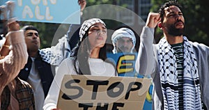 War, protest and people with sign to stop violence in city for justice and Arab crowd with support of Palestine. Angry