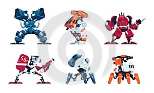 War robots. Cartoon battle machine, super hero in futuristic exoskeleton. Military drones. Scientific innovation weapon