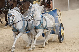 War, Roman chariot in a fight of gladiators, bloody circus