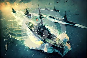 War ships campaign on the sea, military force, war over seas, Generative Ai