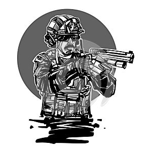 War Soldier with a gun illustration in line art style